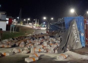 Un camión cargado de harina volcó y la mercadería se desparramó en el asfalto